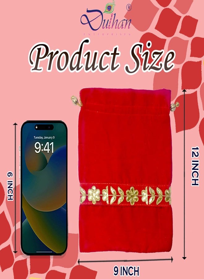 Dulhan Handcrafted Red Velvet Gota Patti Potli Bags | Traditional Embroidered Gift Bags for Wedding, Diwali, Mehndi Baby Shower | Zari Tassels and Moti Work | Reusable Decorative Pouches (Pack of 2) - Image 2